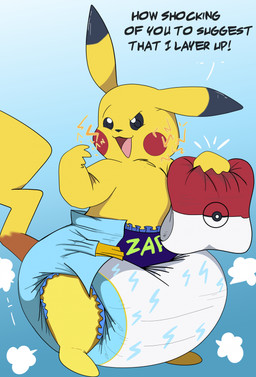 4_fingers ambiguous_gender anthro black_ear_tips blue_background brown_tail clean_diaper clothed clothing cloud_emanata dialogue diaper diaper_only diaper_puff dipstick_ears ear_markings emanata featureless_feet feet fingers folded_diaper fur gradient_background holding_diaper multicolored_body multicolored_ears multicolored_tail open_mouth open_smile pokeball_diaper simple_background smile solo standing tail text topless touching_diaper wearing_diaper yellow_body yellow_fur yellow_tail srbunny649 nintendo pokemon pants_(babypants666) generation_1_pokemon pikachu pokemon_(species) english_text hi_res