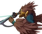 5_fingers anthro arbalist armor beak biceps brown_tail brown_wings clothed clothing crossbow energy_crossbow energy_weapon feathered_wings feathers fighting_pose fingers headgear helmet holding_object holding_weapon male muscular muscular_anthro muscular_male open_beak open_mouth pink_tongue pose ranged_weapon simple_background solo tail tail_feathers tongue topwear weapon white_background winged_arms wings yellow_beak yellow_eyes lowerkuo wild_knights_gulkeeva beakwood accipitrid accipitriform avian bird eagle 2012 digital_media_(artwork) portrait shaded