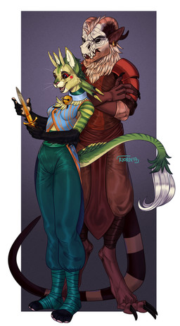 anthro black_eyes blue_clothing blue_topwear bone border bottomwear brown_bottomwear brown_clothing brown_pants brown_topwear clothed clothing crossed_arms dagger duo empty_eyes female fur glistening glistening_eyes green_body green_bottomwear green_clothing green_fur green_pants holding_dagger holding_melee_weapon holding_object holding_weapon male melee_weapon open_mouth open_smile orange_clothing orange_pupils orange_topwear pants pattern_clothing pattern_topwear pupils red_sclera simple_background skull skull_head smile standing striped_clothing striped_topwear stripes tail tail_tuft tan_body tan_fur topwear tuft weapon white_border riorix 2017 dated hi_res signature