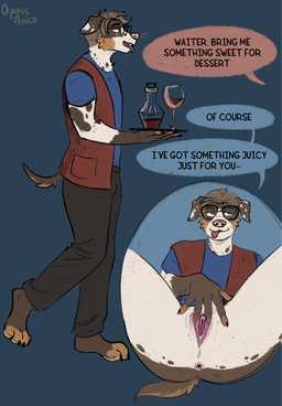 alcohol andromorph anthro beverage bodily_fluids clothed clothing container cup dessert dialogue drinking_glass eyewear food fur genital_fluids genitals glass glass_container glass_cup glasses hair intersex no_underwear pantsless service solo speech_bubble tail teasing text tongue vaginal vaginal_fluids vulva waiter wearing_glasses wine wine_glass kiri-anko canid canine canis domestic_dog mammal absurd_res comic digital_media_(artwork) english_text hi_res trans_(lore) trans_man_(lore)