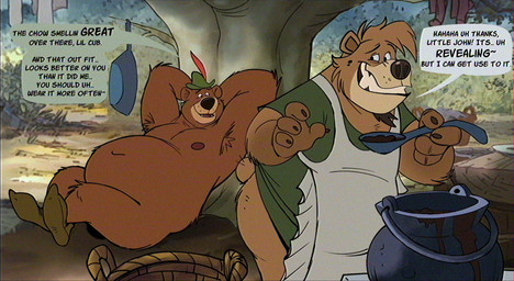 anthro apron arm_tuft armpit_hair balls barely_visible_balls barely_visible_genitalia basket beard belly big_belly big_butt body_hair bottomless bottomless_male butt bycocket cauldron cheek_tuft claws clenched_teeth clothed clothing container cooking cookware crossed_legs cutlery dialogue duo elbow_tuft facial_hair facial_tuft finger_claws footwear frying_pan genitals hands_behind_head hat hat_feather head_tuft headgear headwear holding_object holding_tool holding_utensil kitchen_utensils knee_tuft leg_tuft loose_feather male moobs mostly_nude navel nipples obese obese_anthro obese_male open_mouth outside overweight overweight_anthro overweight_male pantsless plant reclining shirt shoes smile smiling_at_another speech_bubble spoon standing style_emulation teeth teeth_showing text tools topless topless_male topwear topwear_only tree tuft dead_stray_bear disney robin_hood_(disney) b_(dead_stray_bear) little_john bear brown_bear mammal ursine english_text hi_res