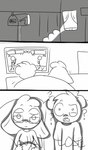 anthro confusion duo electronics eyewear female fence fighting_game furniture glasses mailbox male night question_mark sofa stick_figure television hitsuji bear bovid caprine mammal sheep 2016 comic hi_res