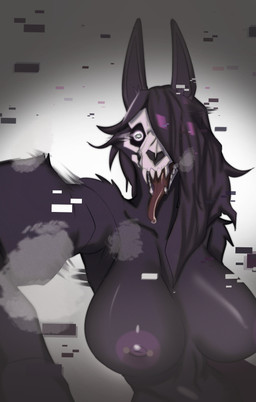 anthro big_breasts black_body black_fur black_hair bodily_fluids bone breasts fangs female foreshortening fur glitch hair hair_over_eye huge_breasts nipple_piercing nipples one_eye_obstructed perspective piercing saliva sharp_teeth simple_background skull skull_head solo teeth tongue tongue_out rolling_beast scp_foundation scp-1471-a canid malo mammal absurd_res hi_res