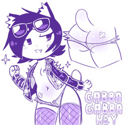 bandage blush bottomwear butt butt_cleavage clothed clothing eyewear eyewear_on_head female happy jacket leather leather_clothing leather_jacket leather_topwear leggings legwear low-riding navel nipples partially_clothed shorts solo spikes stockings sunglasses sunglasses_on_head thigh_highs topwear disfigure garcia domestic_cat felid feline felis mammal 1:1