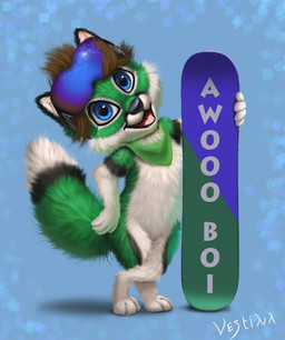 anthro chibi fluffy fluffy_tail looking_at_viewer male snowboard solo tail vestina jib_kodi_(character) canid canine fox mammal absurd_res hi_res