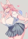 4_fingers anthro blue_highlights blush bottomwear braided_hair breasts chest_tuft cleavage clothed clothing cute_fangs ear_piercing fangs female female_anthro fingers fur gesture grey_background hair hand_gesture heart_symbol highlights_(coloring) inner_ear_fluff kemono long_hair open_mouth piercing pink_body pink_fur pink_hair school_uniform simple_background skirt solo tail tail_under_skirt teeth tuft uniform v_sign sgsix canid canine mammal hi_res portrait three-quarter_portrait