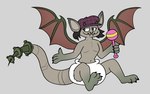 anthro arms_out blush breastless claws clothed clothing diaper diaper_only female hat headgear headwear horn newsboy_cap rattle sitting smile solo teeth topless wearing_diaper wings mrvonfuzzlebutt deadlock valve ivy_(deadlock) gargoyle hi_res