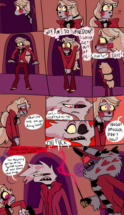 anthro big_pupils blush blushing_profusely cigarette clothed clothing constricted_pupils covering covering_crotch dialogue dilated_pupils duo embarrassed erection erection_under_clothing group gynomorph holding_arm intersex male pupils sharp_teeth small_pupils teeth text thought_bubble trio chimeracocks hazbin_hotel hellaverse angel_dust charlie_morningstar valentino_(hazbin_hotel) angel arachnid arthropod canid canine canis demon domestic_dog humanoid insect lepidopteran mammal moth satyr spider absurd_res english_text hi_res trans_(lore) trans_woman_(lore)
