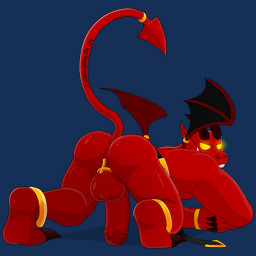 all_fours anus balls belt butt clothing cross genitals horn jewelry looking_back male muscular muscular_humanoid muscular_male penis raised_tail smile solo tail text wings conditional_dnp notkastar demon humanoid 1:1 alpha_channel signature