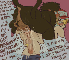 anal anal_fluids anal_penetration anthro anthro_penetrating anthro_penetrating_human anthro_penetrating_male anus ball_tuft balls blonde_hair blonde_pubes blue_bottomwear blue_clothing blue_eyes blue_pants blush blush_lines bodily_fluids bottomwear bottomwear_down breeding_kink brown_body brown_fur butt clothed clothing cum cum_in_ass cum_inside dialogue dirty_talk duo eye_roll fur genital_fluids genitals hair hairless_balls hairless_face heart_symbol human_on_anthro human_penetrated humanoid_genitalia humanoid_penis impregnation_kink interspecies light_body light_skin long_tail looking_back male male/male male_anthro male_human male_penetrated male_penetrating male_penetrating_human male_penetrating_male motion_lines olive_skin pants pants_down partially_clothed penetration penile penile_penetration penis penis_in_ass perineum pink_background pink_eyes pointy_speech_bubble pounding_ass profanity pubes raised_tail sex simple_background snout speech_bubble tail tail_anus text thrusting tongue tongue_out torn_sleeves tuft snake_venom fatal_fury plap_plap_get_pregnant eight_(snake_venom) terry_bogard haplorhine human mammal monkey primate english_text hi_res meme