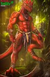2024 3_toes abs ankle_wraps anthro argonian artist_logo artist_name barefoot bethesda_softworks biceps brown_claws claws clothed clothing digital_media_(artwork) drakaar drakaar_(drakaar) feet forest head_spikes hi_res horn humanoid_hands jewelry jungle logo looking_at_viewer male muscular muscular_anthro muscular_arms muscular_male muscular_thighs necklace patreon pecs plant pupils red_body red_eyes red_horn red_scales red_spikes scales scalie sellfy sellfy_logo slit_pupils solo spikes spikes_(anatomy) standing tail tail_ridge the_elder_scrolls toes topless topless_anthro topless_male tree tribal tribal_clothing wraps wrist_wraps
