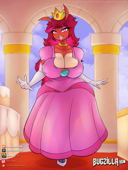 2_toes antennae_(anatomy) anthro armwear big_breasts biped breasts choker cleavage_cutout clothing cloud collarbone cosplay crown cutout detailed_background dress elbow_gloves feet female gloves gold_(metal) gold_jewelry hair handwear headgear heart_eyes heart_symbol highlights_(coloring) jewelry lipstick long_hair makeup multicolored_body multicolored_hair necklace nipple_outline orange_body pink_clothing pink_dress pink_eyelids pink_lipstick red_eyes red_hair red_highlights solo toes two_tone_body two_tone_hair wide_hips bugzilla mario_bros nintendo princess_peach wendy_(bugzilla) arthropod crustacean isopod malacostracan pill_bug woodlouse 3:4 absurd_res hi_res watermark