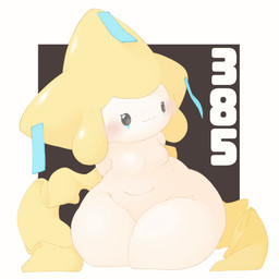 :3 biped blush blush_lines breasts closed_smile eye_markings eyelashes featureless_breasts featureless_crotch female front_view hands_behind_back looking_at_viewer markings mouth_closed multicolored_body not_furry nude nude_female number simple_background small_breasts smile solo thick_thighs white_body wide_hips yellow_body white_slime_(artist) nintendo pokemon generation_3_pokemon humanoid jirachi legendary_pokemon pokemon_(species) 1:1 2026 absurd_res digital_drawing_(artwork) digital_media_(artwork) hi_res
