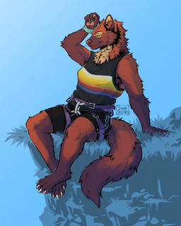ambiguous_gender anthro barefoot bottomwear brown_body brown_fur claws climbing_harness clothing ducktollers eyes_closed eyewear feet finger_claws fur glasses inner_ear_fluff neck_tuft paws plant shirt shorts sitting solo sweatband tail tank_top toe_claws topwear tuft wearing_glasses wiping_forehead jory_(cursorial) gulonine mammal marten mustelid musteline pine_marten 4:5 digital_media_(artwork) hi_res signature nonbinary_(lore)
