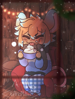 beverage black_clothing black_scarf black_sweater black_topwear blep blue_bottomwear blue_clothing blue_pants blue_sweater blue_topwear bottomwear candy checkered checkered_bottomwear checkered_clothing checkered_pants chibi chocolate christmas_decorations christmas_lights clothing coffee_cup container cream_(food) cup dessert eyes_closed food holding_coffee_cup holding_container holding_cup holding_object hot_chocolate male pants pattern_bottomwear pattern_clothing pattern_pants pink_body pink_inner_ear scarf smile snow snowing solo sweater tongue tongue_out topwear white_clothing white_sweater white_topwear artsmikas moemi animal_humanoid humanoid mammal mammal_humanoid murid murid_humanoid murine murine_humanoid rat_humanoid rodent rodent_humanoid 2024 absurd_res hi_res
