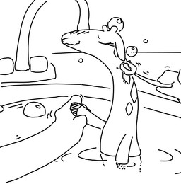 anthro bath blush disembodied_hand duo eyelashes eyes_closed hand_holding nude plushie sink smile solo_focus water the_weaver toybox_pals nurse_giraffe_(toybox_pals) giraffe giraffid mammal monochrome