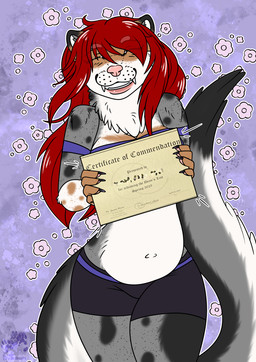 anthro bottomwear certificate clothing female flower hair long_hair long_tail plant proud shirt shorts smile solo spots tail topwear arwenscoots conditional_dnp arwen domestic_ferret mammal mustelid musteline true_musteline weasel hi_res