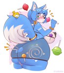 anthro big_breasts big_butt blue_body blue_fur blue_hair blush breasts butt candy clothed clothing dessert ear_piercing female food fur hair huge_butt lollipop nipple_outline piercing skimpy solo three-quarter_view xabelha nintendo star_fox krystal_(star_fox) canid canine fox mammal absurd_res hi_res