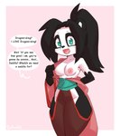 5_fingers anthro belt black_body black_fur black_hair black_nose blush blush_lines bottomwear breasts clothed clothing countershade_face countershade_torso countershading dialogue female fingers fur green_belt green_eyes hair humor long_hair medium_breasts nipples no_underwear open_mouth pants pink_clothing pink_nipples pink_shirt pink_topwear ponytail red_bottomwear red_clothing red_pants shirt solo speech_bubble text tongue topwear undressing young young_anthro young_female borvar blizzard_entertainment warcraft li_li_stormstout bear mammal pandaren colored digital_drawing_(artwork) digital_media_(artwork) hi_res signature