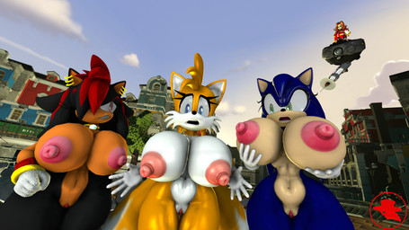 anthro big_breasts black_body black_fur blue_body blue_eyes blue_fur breasts clothing crossgender ear_piercing ear_ring female fur gender_transformation genitals gloves green_eyes group hair handwear holding_breast huge_breasts implied_transformation mtf_crossgender mtf_transformation nipples nude piercing ring_piercing shocked transformation vulva boiboi9999 passbass sega sonic_the_hedgehog_(series) dr._eggma'am dr._eggman miles_prower shadow_the_hedgehog sonic_the_hedgehog canid canine eulipotyphlan fox hedgehog mammal 16:9 3d_(artwork) 4k absurd_res digital_media_(artwork) hi_res source_filmmaker_(artwork) widescreen