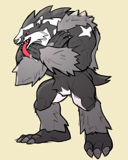 anthro barazoku black_body claws flexing long_tongue looking_at_viewer male muscular muscular_anthro muscular_male red_eyes simple_background tongue white_background white_body rickleone nintendo pokemon badger generation_8_pokemon mammal mustelid musteline obstagoon pokemon_(species) 4:5 hi_res