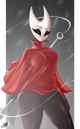 2_horns anthro bare_legs black_body black_eyes blush breasts cloak cloak_only clothed clothing curvy_figure empty_eyes eyebrows eyelashes female front_view hand_on_hip holding_melee_weapon holding_object holding_weapon horn hourglass_figure long_eyelashes looking_at_viewer melee_weapon mouthless outside red_cloak red_clothing sewing_needle solo standing string weapon wide_hips wind onishh! hollow_knight_(franchise) team_cherry hornet_(hollow_knight) arthropod 5:8 absurd_res hi_res