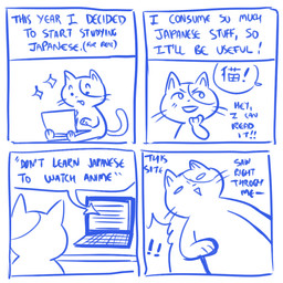 4_panel_comic ambiguous_gender anthro biped computer dialogue directional_arrow dot_eyes electronics exclamation_point eyebrows laptop open_mouth open_smile paws pointy_speech_bubble simple_background simple_eyes sitting smile solo sparkles speech_bubble tail text text_box white_background white_sclera flavia-elric domestic_cat felid feline felis mammal 1:1 2020 blue_and_white comic digital_media_(artwork) english_text japanese_text monochrome