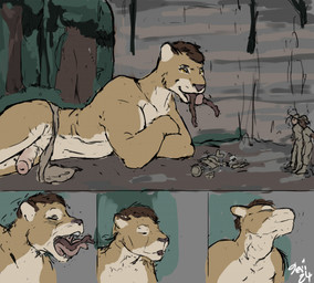 almost_fully_inside anthro anthro_pred bottomwear brown_body brown_fur brown_skin butt clothing discarded_clothing erection extreme_size_difference eyes_closed femboy forest forest_background fur genitals group head_first human_prey humanoid_genitalia humanoid_penis larger_femboy leaf loincloth lying macro macro_anthro male male/male male_anthro micro micro_human nature nature_background nude_human on_front oral_vore outside pale_skin partially_inside penis plant size_difference smaller_human smile swallowing tan_body tan_fur text tree unwilling_prey vore white_body white_fur white_text willing_pred yellow_eyes jeri_kleinlowe felid human lion mammal pantherine colored comic guide_lines hi_res