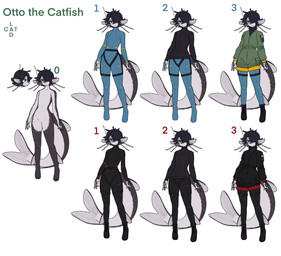 anthro barbel_(anatomy) black_hair bodysuit clothing ear_fins fin hair harness jumpsuit leg_harness male overalls pale_eyes pale_skin pockets ribbed_clothing ribbed_sweater short_hair skinsuit sneaking_suit solo spy sweater tail thick_tail tight_clothing topwear turtleneck whiskers catlad otto_(catlad) aquatic catfish fish hi_res model_sheet