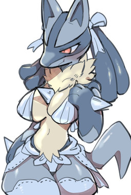 anthro bottomwear bow_ribbon bra breasts clothing female pants small_waist smile solo thick_thighs underwear wide_hips oposa nintendo pokemon generation_4_pokemon lucario pokemon_(species)