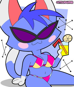 anthro beverage blue_body blue_hair blush breasts cleavage clothed clothing eyewear female food fruit glass hair lemon lemonade medium_breasts navel plant simple_background smile solo sunglasses tail jdone animal_crossing nintendo rosie_(animal_crossing) domestic_cat felid feline felis mammal 2025 digital_media_(artwork) hi_res