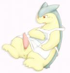 anus apron apron_only blush bodily_fluids clothing erection feral genitals hindpaw male mostly_nude paws penis simple_background sitting solo sweat tapering_penis white_background kinoko nintendo pokemon generation_2_pokemon pokemon_(species) typhlosion