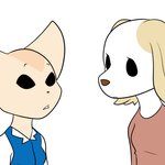 anthro clothed clothing duo eye_contact eyebrows female female/female looking_at_another raised_eyebrows simple_background bran-draws-things aggretsuko sanrio fenneko inui_(aggretsuko) borzoi canid canine canis domestic_dog fennec_fox fox hunting_dog mammal sighthound true_fox 1:1 hi_res