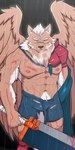 abs anthro armor bulge clothing male melee_weapon muscular muscular_anthro muscular_male nipples pecs solo sword torn_clothing tusks unconvincing_armor weapon wings wounded kuroikiri lifewonders tokyo_afterschool_summoners marchosias_(tas) canid canine canis demon mammal wolf 1:2 absurd_res hi_res