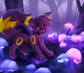 arm_tuft brown_body brown_fur brown_hair brown_nose cheek_tuft claws clenched_teeth elbow_tuft eyebrows facial_tuft fangs female feral fluffy fluffy_chest fluffy_hair fluffy_tail forest forest_background fungus fur fur_markings glowing glowing_eyes glowing_fungus glowing_mushroom grass hair happy markings mushroom nature nature_background neck_tuft pawpads plant purple_eyes rock short_hair smile solo standing tail teeth teeth_showing text tree tuft yellow_body yellow_fur joeumbre nintendo pokemon fan_character rita_(joeumbre) canid canine eeveelution generation_2_pokemon mammal pokemon_(species) umbreon colored digital_drawing_(artwork) digital_media_(artwork) hi_res watermark