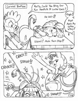 2_horns after_transformation anthro bdsm big_breasts big_butt blush blush_lines bodily_fluids bondage bottomwear bottomwear_down bound bra breasts butt clothed clothed_anthro clothed_male clothing cutie_mark dialogue dom/sub dominant dominant_anthro dominant_female dominant_male domination_loss dominatrix eyelashes female fully_clothed fully_clothed_anthro fully_clothed_male hands_behind_back hands_tied hands_tied_behind_back hoodie horn horn_jewelry horn_ring inhibitor_ring jacket jewelry karma magic_inhibitor magic_suppression male multi-horn panties pants pants_down partially_clothed partially_clothed_anthro partially_clothed_female possession pulling_pants_down punishment revenge ring_(jewelry) spanking_as_punishment speech_bubble submissive submissive_anthro submissive_female tail tail_tied tassels tears tears_of_pain teary_eyes text text_box topwear transition underwear unicorn_horn whip_mark whipping whipping_butt circe_(artist) friendship_is_magic hasbro my_little_pony mythology blue_nile_(mlp) discord_(mlp) rarity_(mlp) spike_(mlp) chimera draconequus dragon earth_pony equid equine horse mammal mythological_creature mythological_equine mythological_scalie pony scalie unicorn black_and_white comic english_text monochrome traditional_media_(artwork)