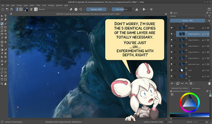 anthro art_program_in_frame breaking_the_fourth_wall clothed clothing color_wheel female hair machine software solo speech_bubble text white_hair david_revoy krita_(copyright) kiki_the_cyber_squirrel android mammal robot rodent sciurid tree_squirrel 2025 digital_media_(artwork) english_text krita_(artwork)
