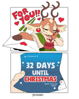 anthro antlers brown_body card dialogue envelope eyelashes eyes_closed female hand_on_cheek heart_symbol holding_mail holding_object holding_paper holidays horn mail paper smile solo tan_body text xoxo drawligator christmas renata_(drawligator) deer human mammal new_world_deer reindeer 2025 english_text hi_res
