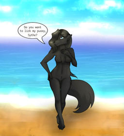 anthro beach black_body black_fur black_hair black_tail blue_eyes breasts cloud cunnilingus_request female fur genitals hair medium_breasts nude oral_request presenting requesting sand seaside sex_request sky smile solo standing tail teasing text vulva water wave skbld twokinds maren_taverndatter canid canine canis keidran mammal wolf absurd_res hi_res