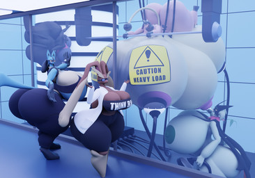 anthro big_breasts big_butt black_clothing blush bodily_fluids breast_milking breast_squish breasts butt clothing drinking female female/female gesture group huge_breasts huge_butt hyper hyper_breasts immobile laboratory lactating machine milking_machine multi_breast shrug squish text text_on_clothing warning_sign darkdraketom nintendo pokemon lizzy_(darkdraketom) vivian_(darkdraketom) generation_2_pokemon generation_4_pokemon generation_7_pokemon generation_9_pokemon lopunny lucario meowscarada miltank pokemon_(species) salazzle 3d_(artwork) blender_(artwork) digital_media_(artwork) hi_res