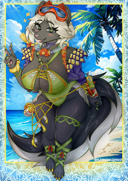 alternate_costume alternative_fashion anthro athletic athletic_anthro athletic_female beach bent_over big_breasts blep blushing_at_viewer breasts cleavage clothed clothed_anthro clothed_female clothing cloud diving_gear diving_mask eyewear female fluffy fluffy_tail gesture goggles hand_gesture light light_beam looking_at_viewer mask nature nature_background nipple_outline outside palm_tree plant sand sky smile smiling_at_viewer solo sun sunbeam sunlight swimming_goggles swimwear tail text thick_thighs tongue tongue_out tree v_sign water wide_hips wristband canvy_(artist) combat_cat_studio wild_assault marquez_(wild_assault) mammal mephitid skunk 2025 absurd_res artist_name digital_media_(artwork) hi_res