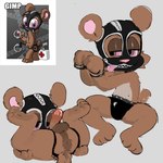 anthro bound brown_body brown_fur chaps cuff_(restraint) fur gimp_mask handcuffs hands_tied legs_up lying male mask metal_cuffs multiple_poses on_back pose restraints riding_crop solo tongue tongue_out whip pawfunk_(artist) bear_nuts gimp_bear bear mammal 1:1 absurd_res hi_res