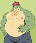 anthro barazoku bottomwear chest_markings clothed clothing facial_hair green_background green_body green_scales hand_on_belly hat hat_over_eyes headgear headwear male markings musclegut muscular muscular_male navel nipples obscured_eyes overweight overweight_male pants pecs plant scales sharp_teeth simple_background solo tan_body tan_scales teeth topless underbite deadanthro mythology nintendo pokemon appletrucker appletun dragon elemental_creature flora_fauna generation_8_pokemon mythological_creature mythological_scalie pokemon_(species) scalie 2022 dated signature