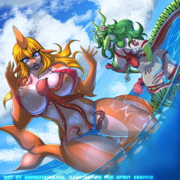 accessory anthro bestiality big_breasts blue_eyes breast_grab breasts clothing duo facial_piercing fangs female feral fin forced green_hair grope hair hair_accessory hair_piece hand_on_breast horn nose_piercing nose_ring orange_hair piercing red_eyes ring_piercing sea shocked swimwear tail teeth tentacle_on_breast tentacle_on_pussy tentacles text water andreita14ajhq clementine_(spirit_shadow) melonie_(spirit_shadow) aquatic cephalopod coleoid fish kobold mollusk octopodiform octopus scalie shark watermelon_kobold 1:1 english_text hi_res