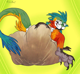 anthro big_diaper blue_body blue_feathers claws diaper feathered_crest feathered_tail feathers feces green_body green_feathers head_crest huge_diaper hyper licking licking_lips male red_body red_feathers smug soiled_diaper soiling solo tail tongue tongue_out unclean_diaper used_diaper yellow_body yellow_feathers diximmo alexian dinosaur dromaeosaurid feathered_scalie prehistoric_species reptile saurischian scalie theropod velociraptor