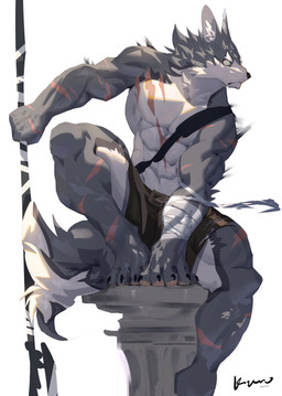 5_fingers abdominal_scar abs anthro arm_scar barefoot biped black_body black_claws black_fur bottomwear brown_bottomwear brown_clothing brown_pawpads brown_shorts chest_scar claws clothed clothing countershade_face countershade_fur countershade_legs countershade_neck countershade_tail countershade_torso countershading eyebrows feet finger_claws fingerpads fingers fluffy fluffy_tail front_view fur furrowed_eyebrows grey_background grey_inner_ear halberd hand_scar head_turned holding_halberd holding_melee_weapon holding_object holding_polearm holding_weapon inner_ear_fluff leg_scar looking_aside male melee_weapon monotone_bottomwear monotone_clothing monotone_shorts mouth_closed multicolored_body multicolored_fur muscular muscular_anthro muscular_male no_pupils pawpads pecs pillar plantigrade polearm pose scar shorts shorts_only simple_background sitting sitting_on_pillar snout solo tail teal_eyes text toe_claws topless topless_anthro topless_male torn_bottomwear torn_clothing torn_shorts tuft weapon white_body white_countershading white_eyebrows white_fur white_inner_ear_fluff white_wraps wraps wrist_wraps yellow_sclera kuromonsart canid mammal 2023 absurd_res artist_name colored dated digital_drawing_(artwork) digital_media_(artwork) english_text full-length_portrait hi_res portrait