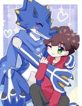 anthro blue_body blush brown_hair claws cuddling duo hair hug male male/male juglans_b612 bandai_namco digimon digimon_ghost_game hiro_amanokawa digimon_(species) human kausgammamon mammal scalie hi_res