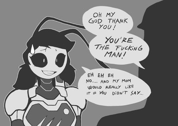 ambiguous_gender antennae_(anatomy) anthro armor dialogue duo female pigtails profanity solo_focus speech_bubble text rem_phase image_comics invincible_(image_comics) n-10_zoe ant arthropod hymenopteran insect 2026 absurd_res black_and_white english_text hi_res monochrome gynomorph_(lore) trans_(lore) trans_woman_(lore)