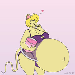 anthro belly big_belly big_breasts blonde_hair bra breasts butt clothing container copyright_symbol cutlery dessert eating eyes_closed female food hair heart_symbol huge_belly ice_cream kitchen_utensils lingerie navel outie_navel panties pregnant solo spoon symbol thick_thighs tools underwear satsumalord tanya_(satsumalord) mammal mouse murid murine rodent 1:1 2026 digital_media_(artwork) hi_res