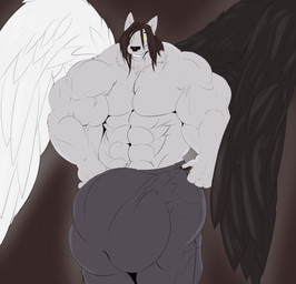 abs anthro balls big_balls big_bulge big_muscles big_penis black_hair bottomwear bulge clothed clothing genitals grin hair hand_on_hip huge_balls huge_bulge huge_muscles huge_penis hyper hyper_balls hyper_bulge hyper_genitalia hyper_muscles hyper_penis looking_at_viewer male muscular muscular_anthro muscular_male pants penis smile solo standing topless vein veiny_muscles wings yellow_eyes fierglief canid canine canis mammal wolf 2015 hi_res